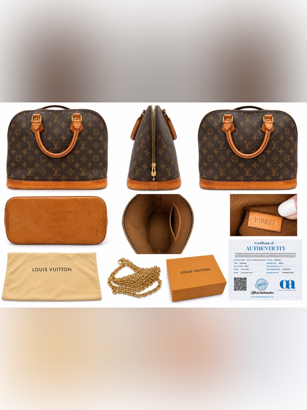 Authentic Louis Vuitton Vintage Alma PM with CofA, Dust Bag, Gold Chain & Box